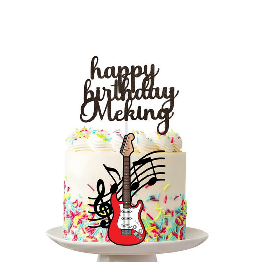 Topper cake guitare – Happy Birthday + prénom – Éclat pailleté
